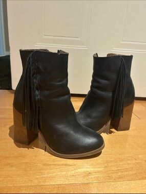 Black Fringe Leather Ankle Boots